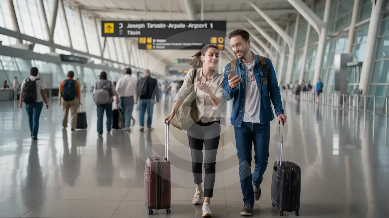 Mixed couple walking through Terminal 1 at Barcelona-El Prat Airport after arrival in Barcelona