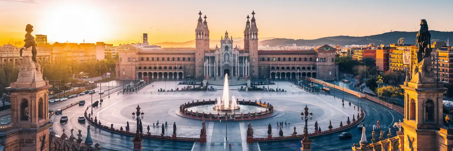 Vista amplia al atardecer de la Plaça d'Espanya en Barcelona con las Torres Venecianas y el eje de Montjuïc