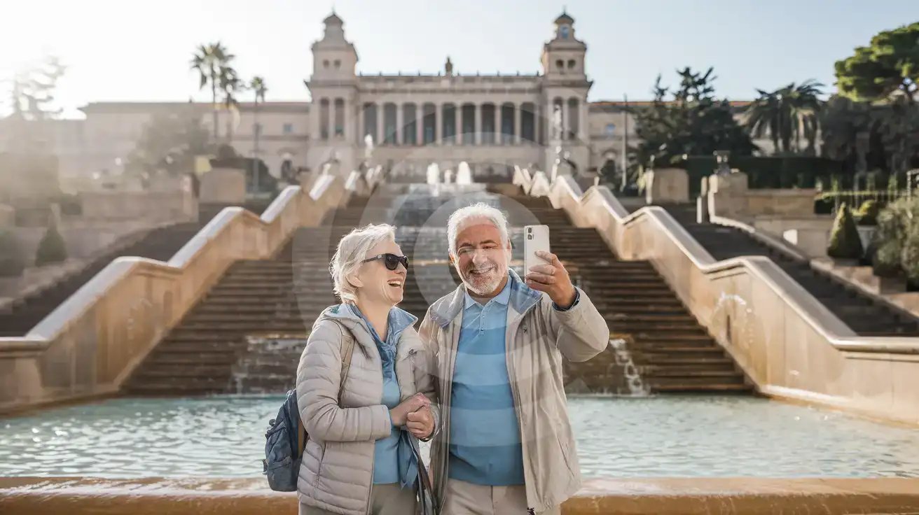 Pareja mayor en el camino hacia Montjuïc, sobre la Plaça d'Espanya, con el Museu Nacional d'Art de Catalunya a la vista