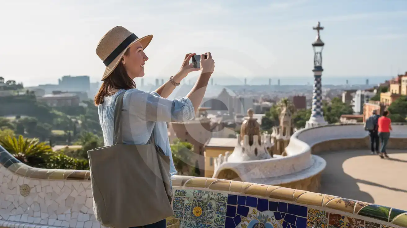 Solo female traveler photographing the Barcelona skyline from Park Güell's colorful mosaic terrace