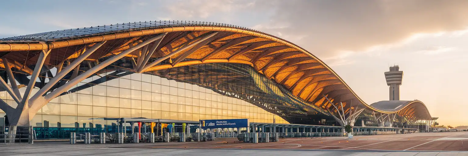 Terminal 4 exterior at Adolfo Suárez Madrid-Barajas Airport during golden hour showing the distinctive curved bamboo roof architecture