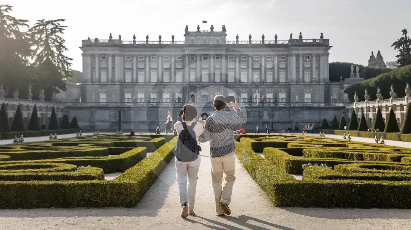 A couple walking through the Sabatini Gardens with the Royal Palace of Madrid rear facade visible beyond the geometric hedgerows