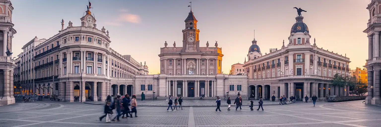 Golden-hour exterior view of Puerta del Sol in Madrid with the Real Casa de Correos clock tower above the busy square