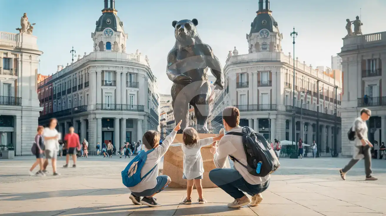 Parent and child by the Bear and the Strawberry Tree statue in Puerta del Sol, Madrid