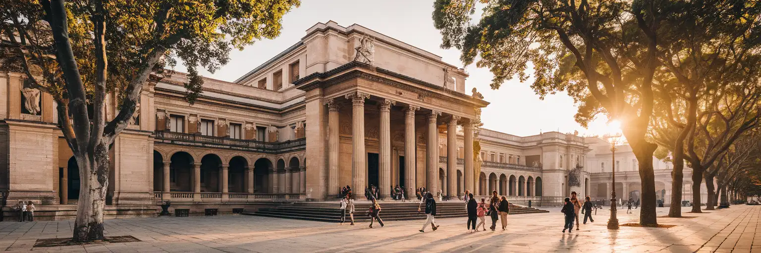 Museo Nacional del Prado neoclassical Villanueva Building facade at golden hour with visitors approaching the columned entrance on Paseo del Prado