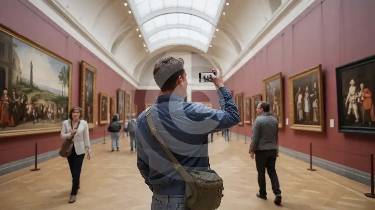 Solo male traveler photographing paintings inside Museo del Prado's barrel-vaulted central gallery with skylights and burgundy walls