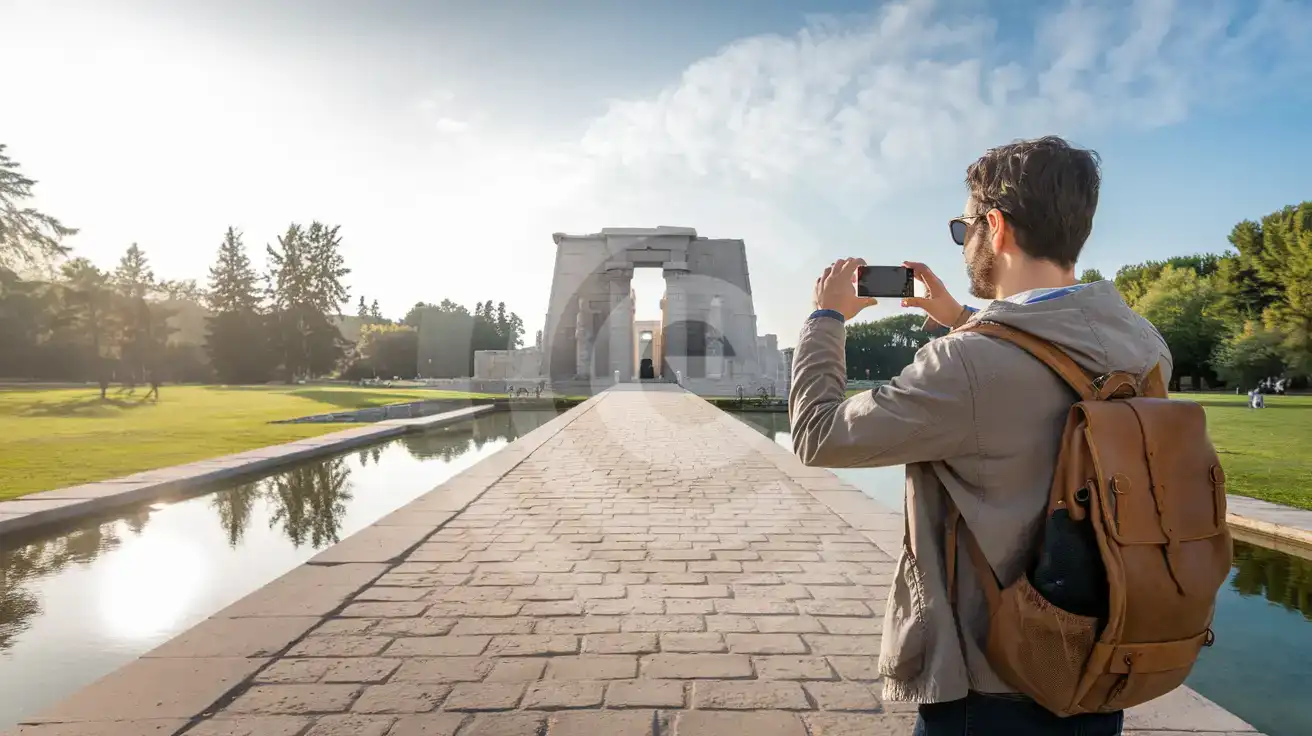 Solo male traveler photographing the reflecting pool approach to Temple of Debod in Madrid