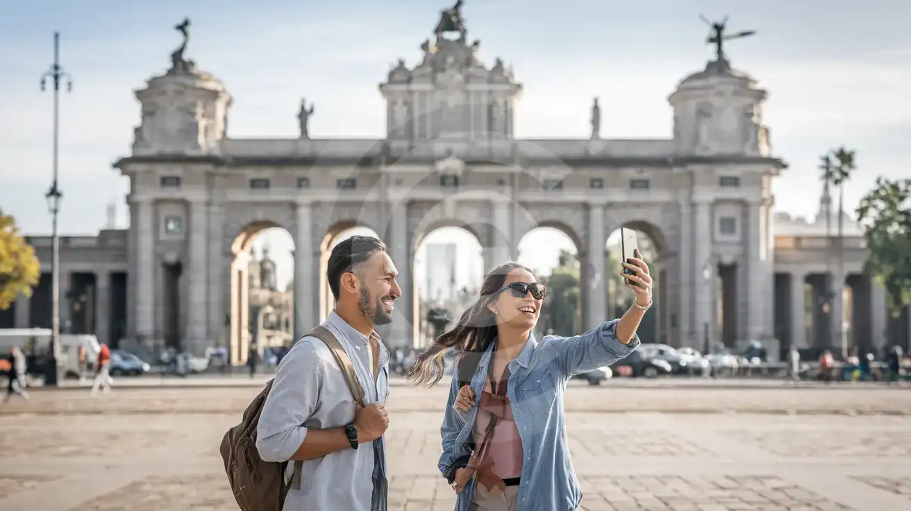 Mixed couple near the El Retiro side of Puerta de Alcalá in Madrid with the monument visible behind them
