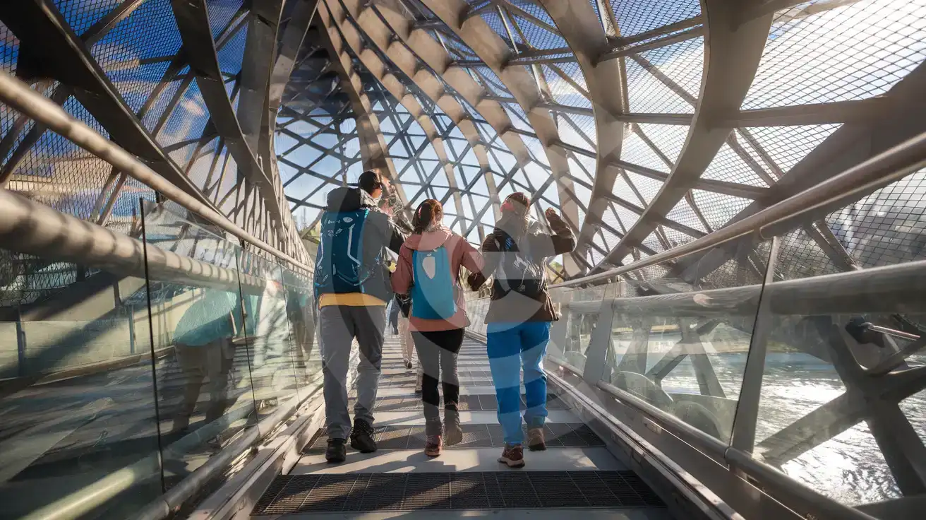 Prieteni traversând Podul Arganzuela din Parcul Madrid Río, unul dintre ei fotografiind structura spiralată de oțel cu un smartphone