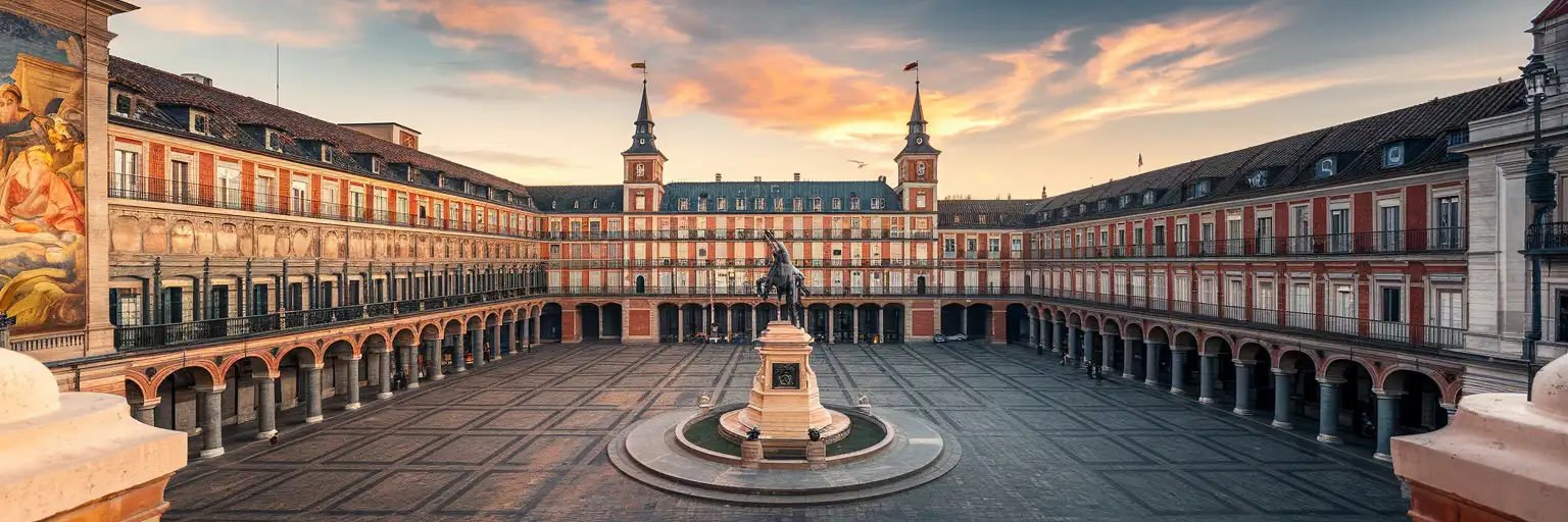 Plaza Mayor Madrid at golden hour showing the enclosed rectangular plaza with red-brick facades, slate spires, and the Casa de la Panadería frescoes