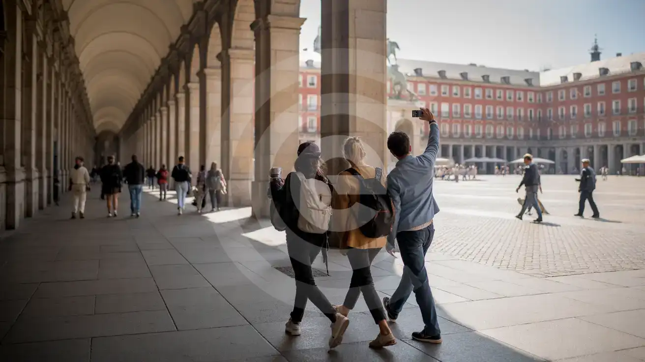 Friends walking through Plaza Mayor's arcade portico with smartphones capturing the Casa de la Panadería frescoes across the cobblestone square