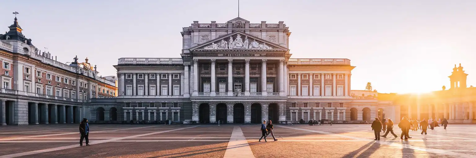 Neoclassical facade of Teatro Real opera house in Madrid at golden hour with Plaza de Oriente in foreground