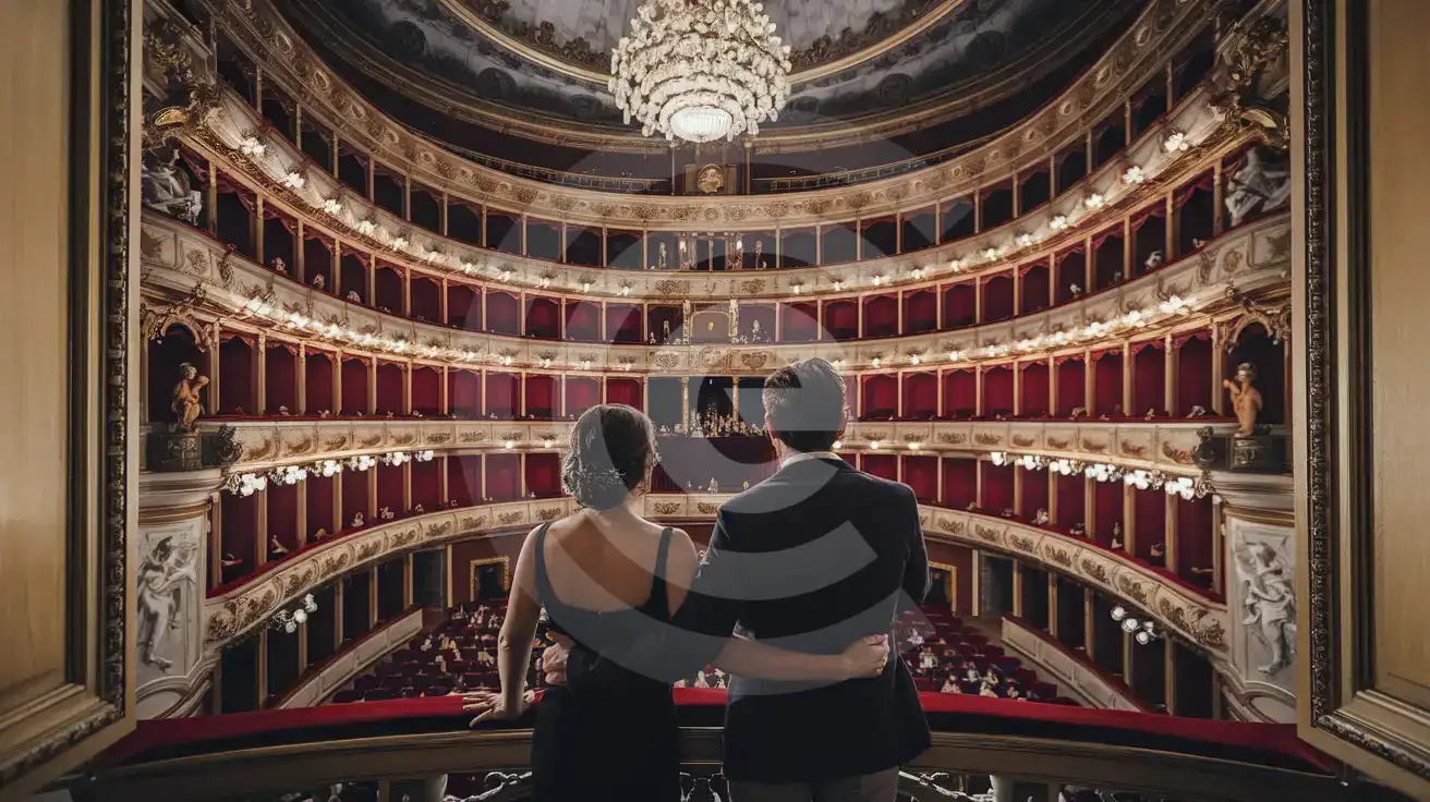 Honeymoon couple at Teatro Real Madrid balcony during intermission with red velvet seating tiers and crystal chandelier visible