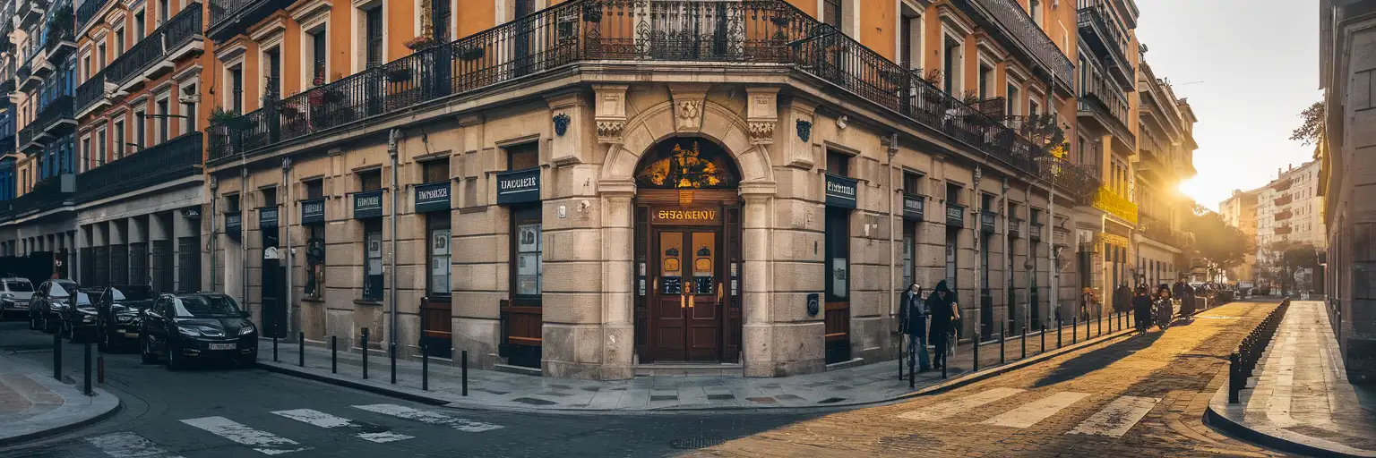 Madrid'in klasik İspanyol mimarisi ve ferforje balkonlarıyla karakteristik bir mahallesinin sokak seviyesi görünümü, altın saatlerde