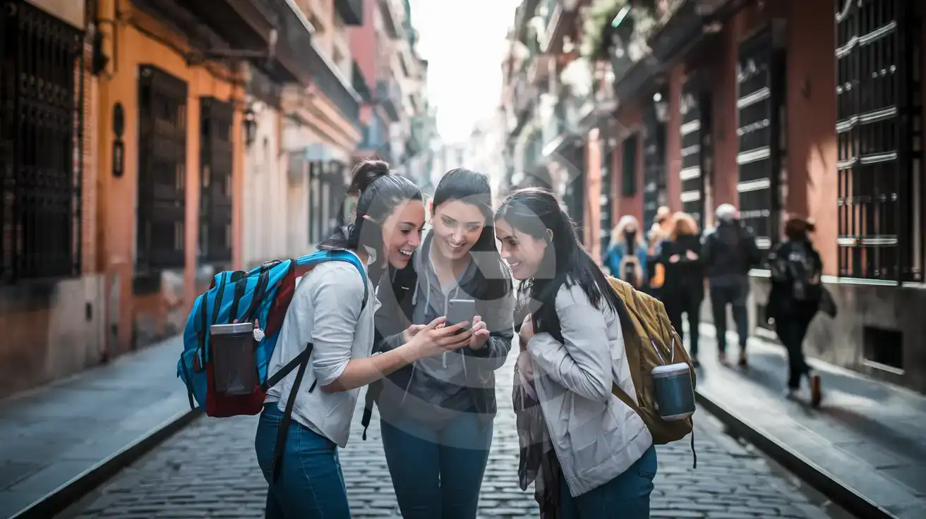 Klasik İspanyol mimarisiyle Malasaña'da dar bir Madrid sokağında akıllı telefonlarından yol tarifi kontrol eden üç arkadaş