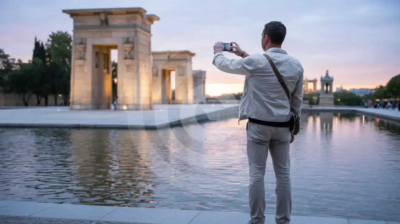 Solo male traveler photographing the Temple of Debod at blue-hour twilight in Madrid's Parque del Oeste