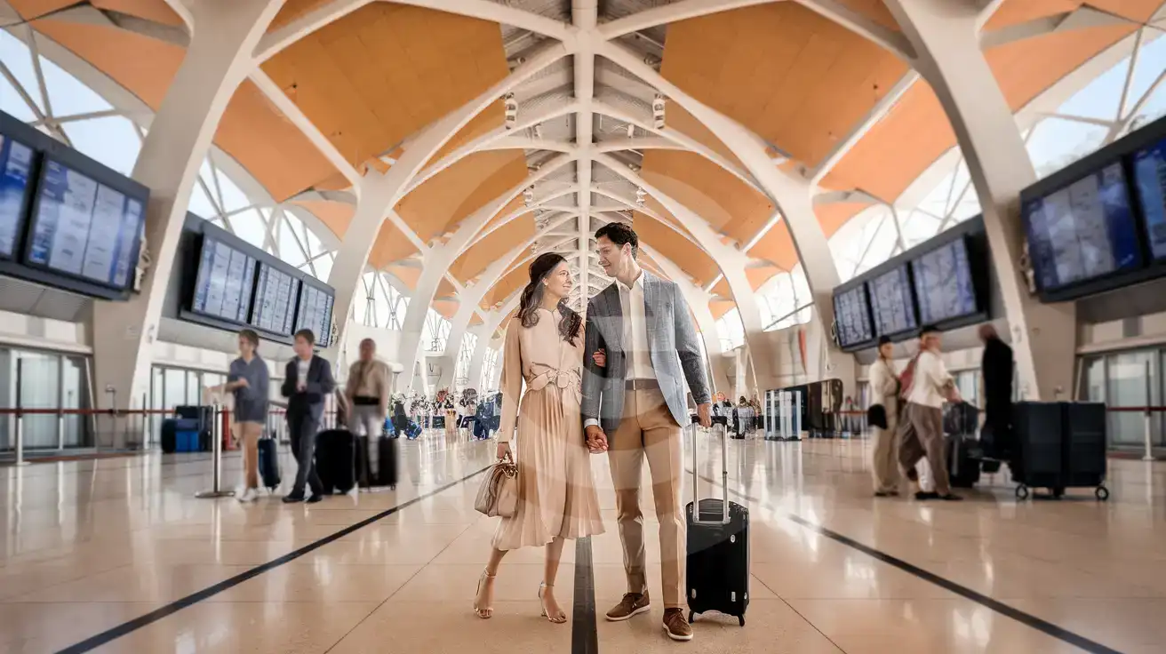 Honeymoon couple inside the departures concourse at Seville Airport in Seville, Spain