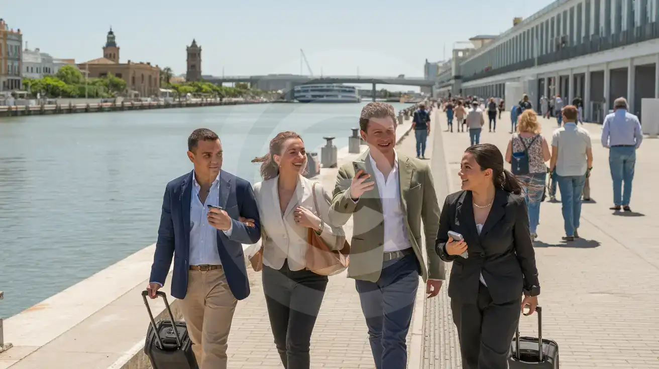 Business travelers walking along the dockside transit area at Port of Seville