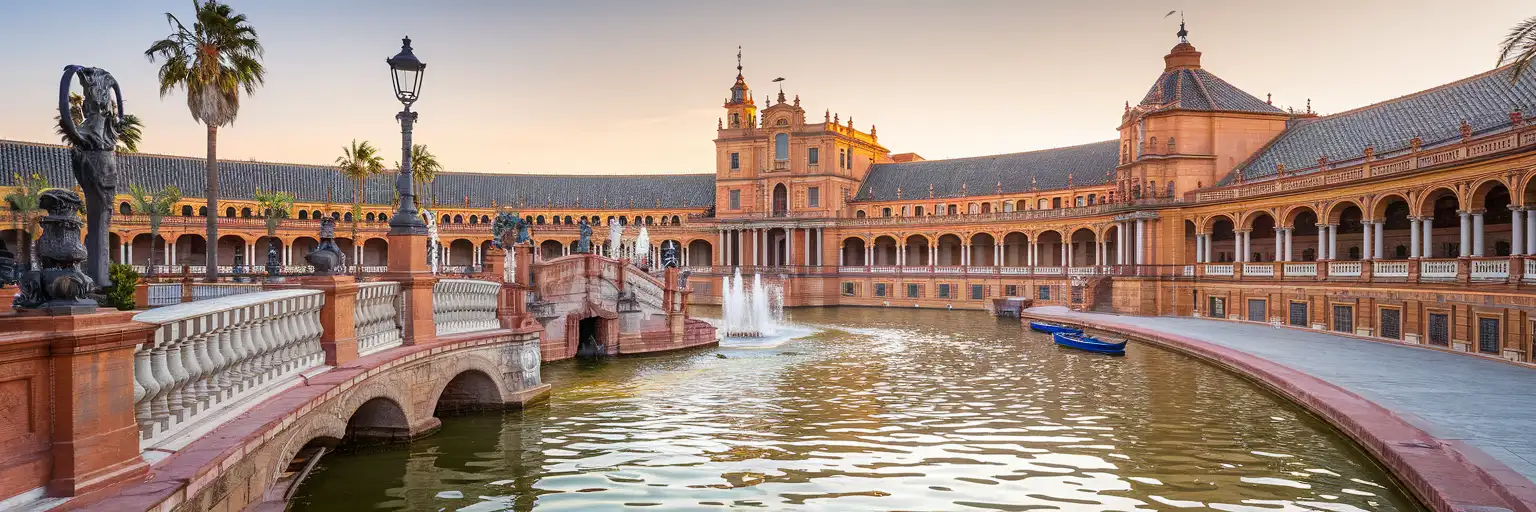 Plaza de España in Seville with its grand semicircular Renaissance Revival building, decorative canal with rowboats, and ceramic-tiled alcoves at golden hour