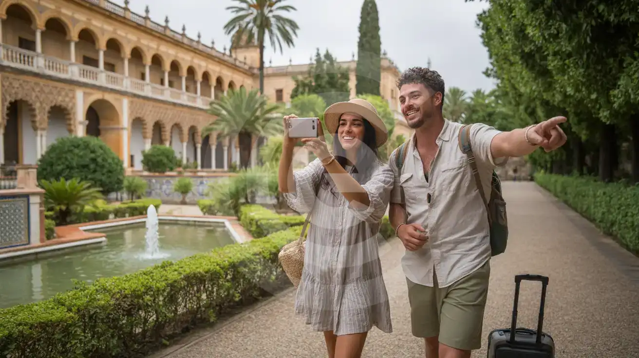 A couple photographing the ornate tiled fountains in the Real Alcázar gardens in Seville, with the palace's Mudéjar architecture in sharp focus behind them