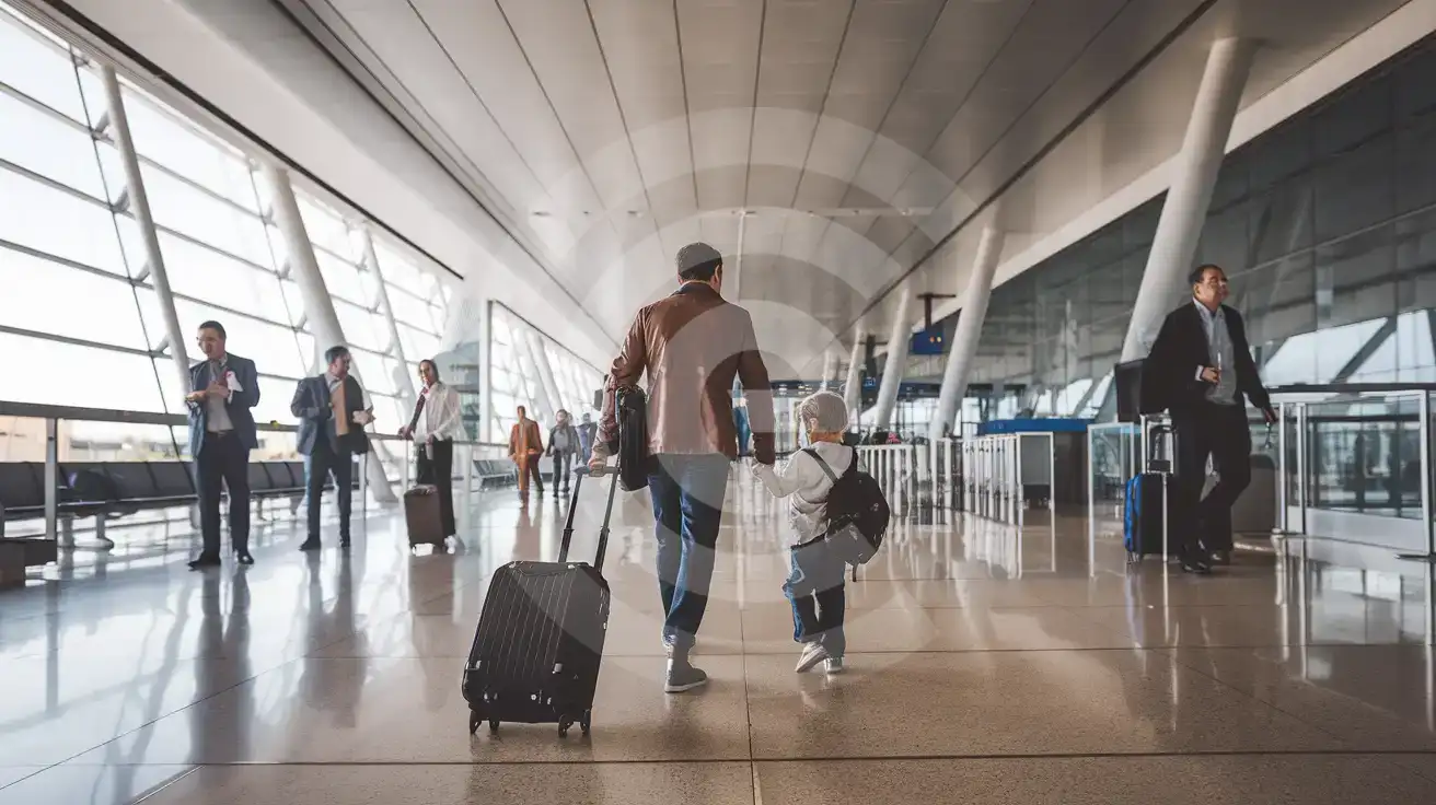 Family walking through the arrivals concourse inside Valencia Airport with luggage and phone ready after landing