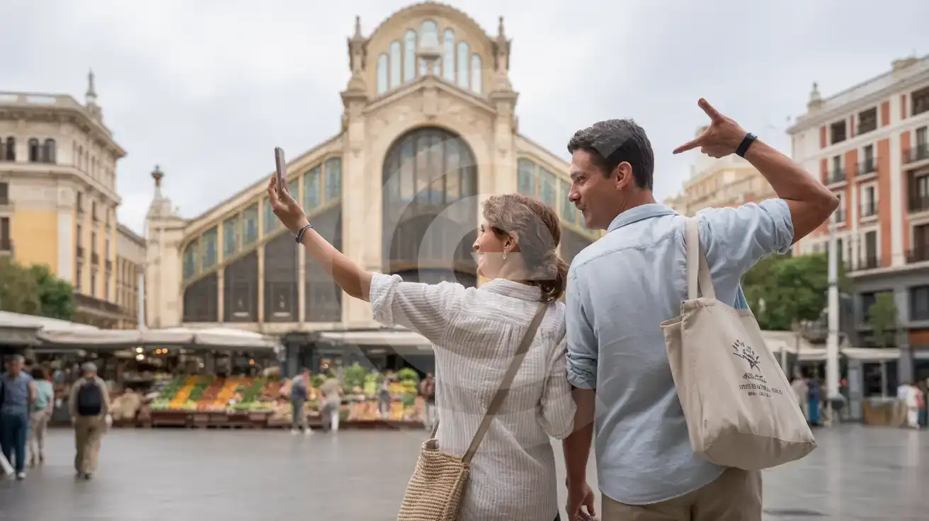Couple photographing the ornate Art Nouveau facade of Valencia's Mercado Central market hall