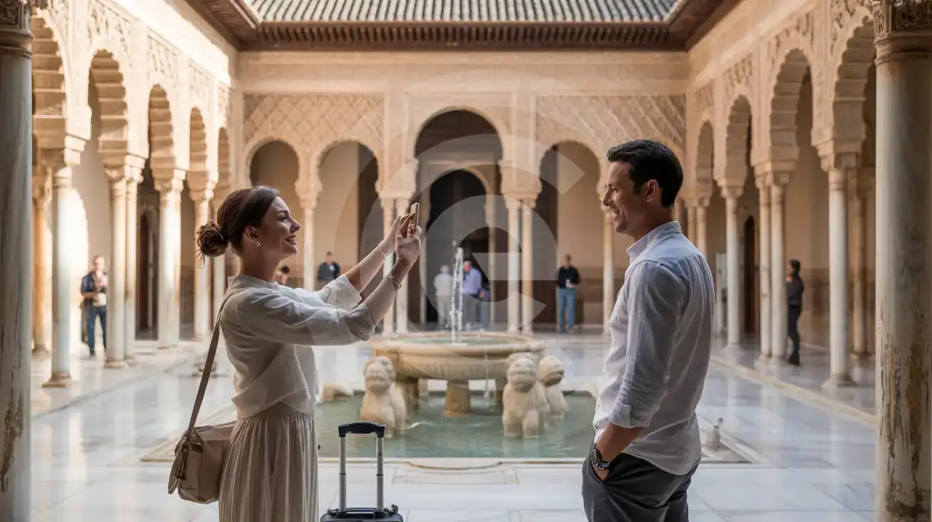 Honeymoon couple photographing the Court of the Lions fountain inside the Alhambra Nasrid Palaces in Granada, Spain