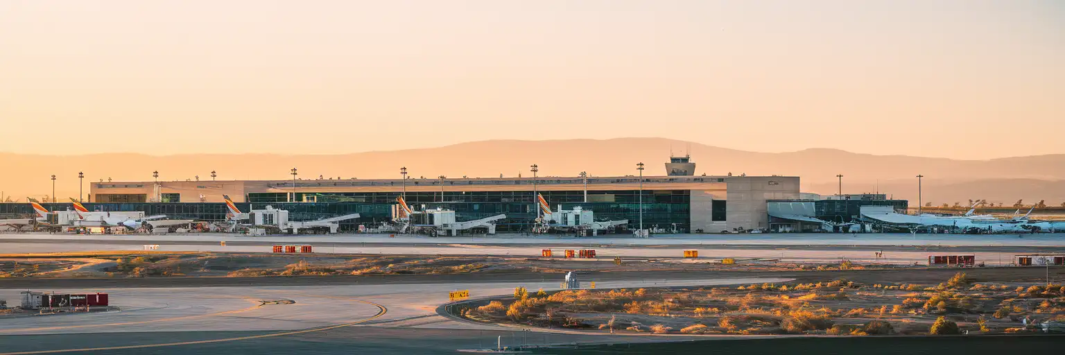 Wide exterior view of Federico García Lorca Granada-Jaén Airport in Granada, Spain at golden hour