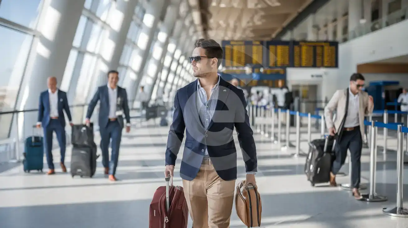Solo business traveler walking through the arrivals hall at Federico García Lorca Granada-Jaén Airport in Granada, Spain