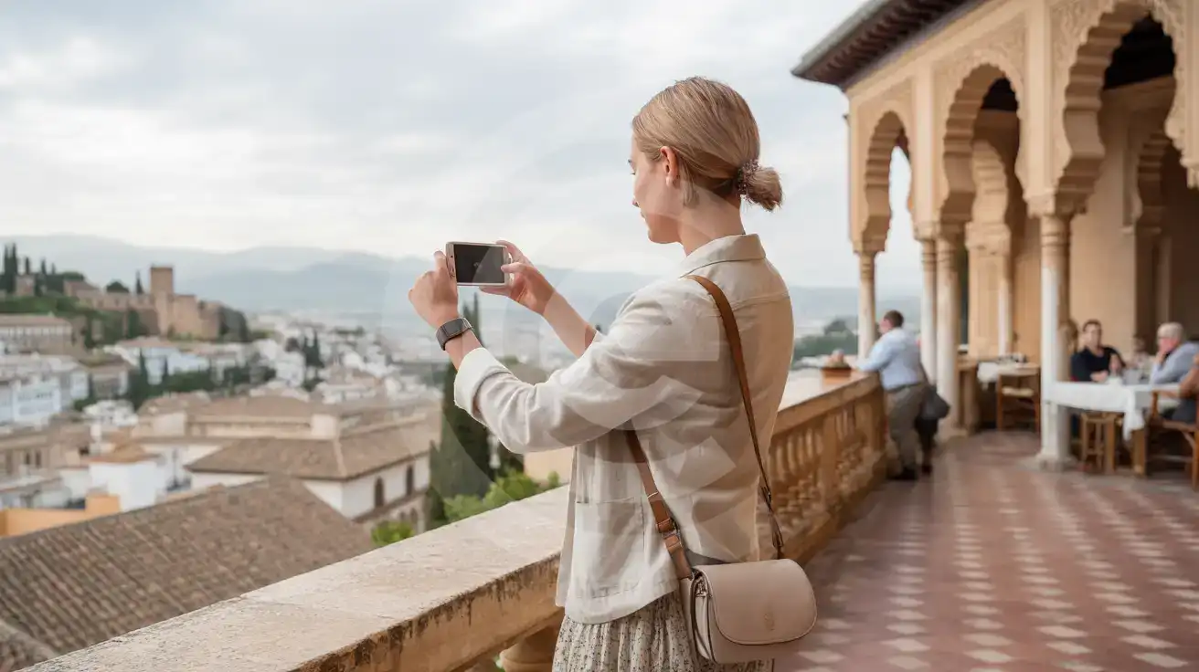 Solo female traveler photographing the Granada cityscape from Hotel Alhambra Palace terrace with smartphone