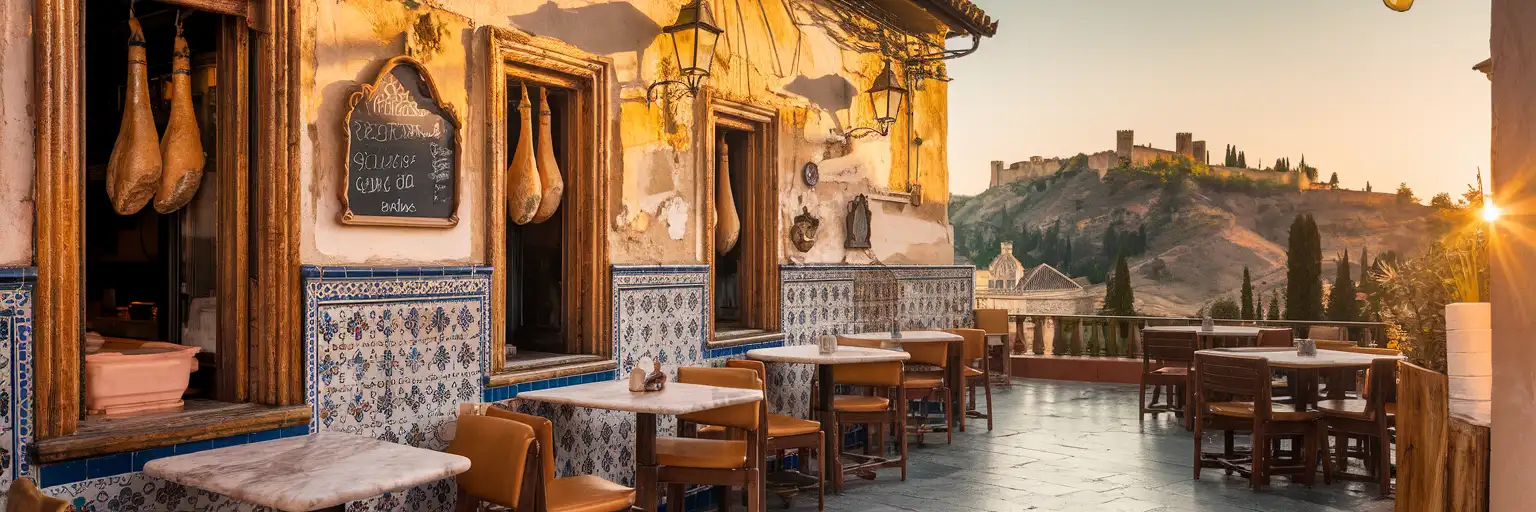 Traditional tapas bar street in Granada's Realejo neighborhood at golden hour with the Alhambra visible on the hill above