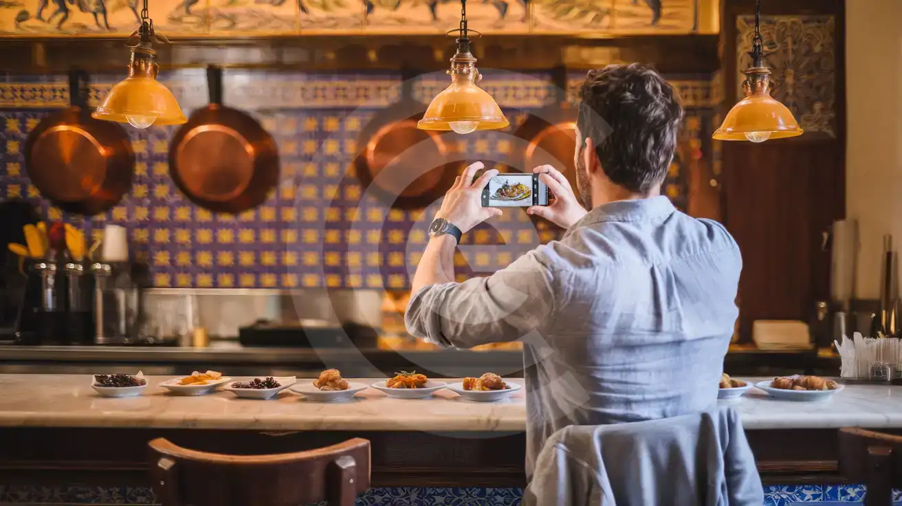 Solo male traveler photographing tapas at a traditional bar counter in Granada's Realejo neighborhood