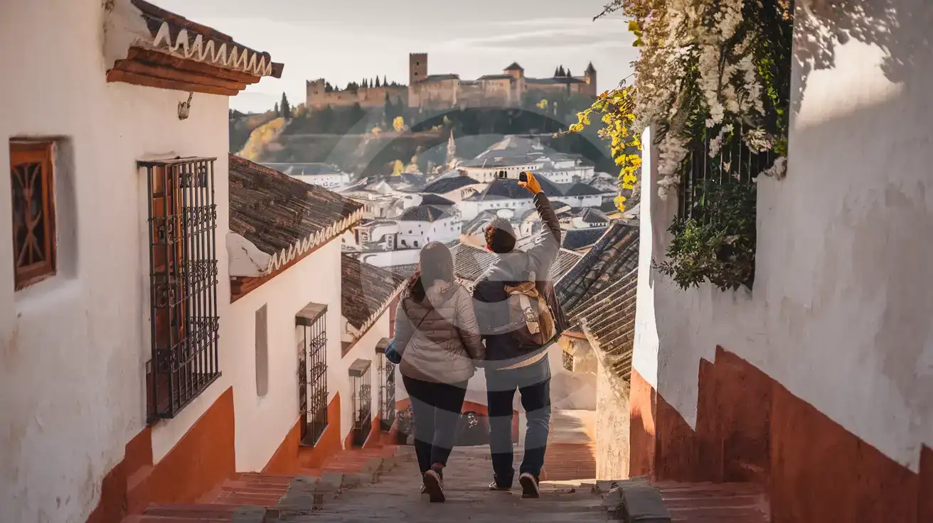 Couple walking through Granada's Albaicín neighborhood with Alhambra visible in background