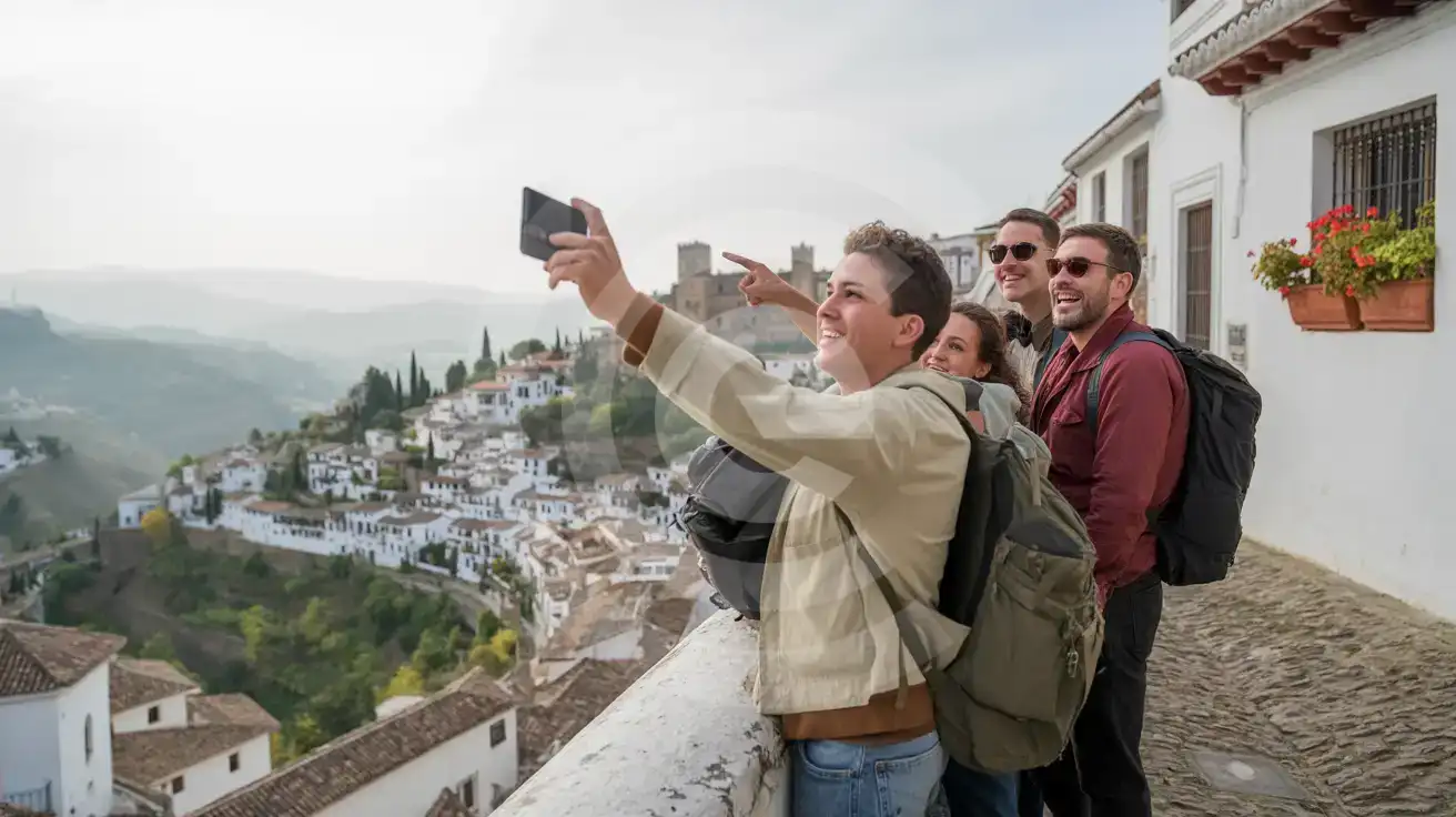 A small group of friends photographing the whitewashed streets of Granada's Albaicín quarter with the Alhambra visible in the distance