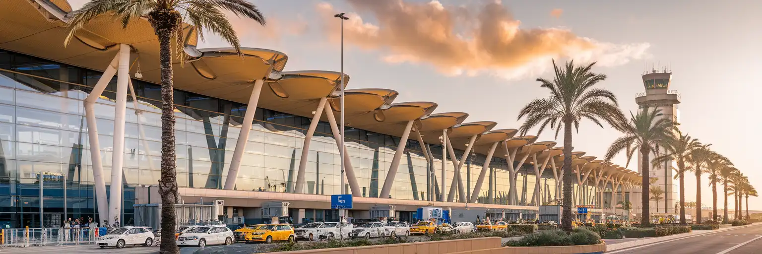 Terminal 3 exterior of Malaga-Costa del Sol Airport at golden hour with the control tower and palm trees framing the modern glass facade