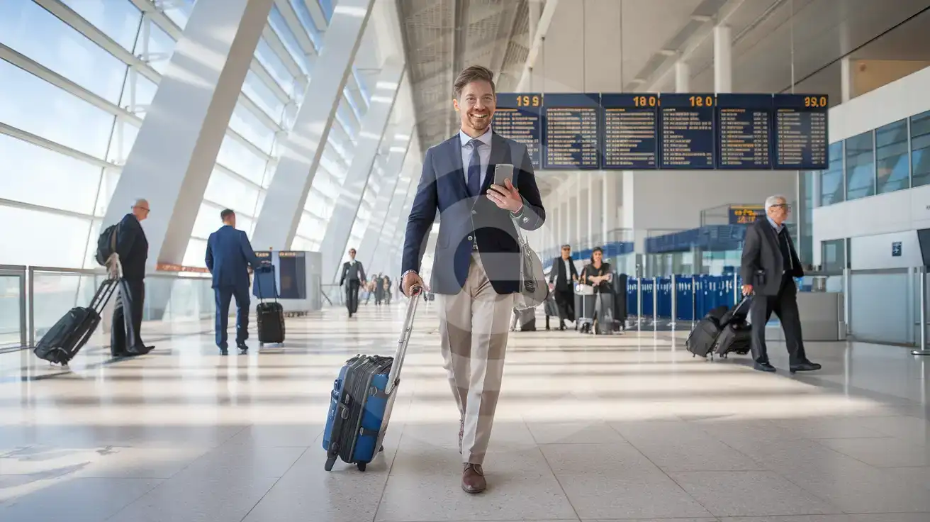 Interior of Terminal 3 at Malaga-Costa del Sol Airport with a business traveler walking through the bright departures concourse