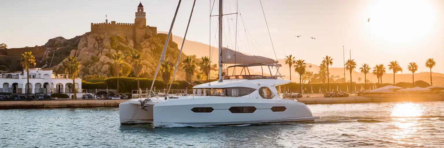 Catamaran departing Malaga's Muelle Uno marina at golden hour with Alcazaba fortress on the hillside