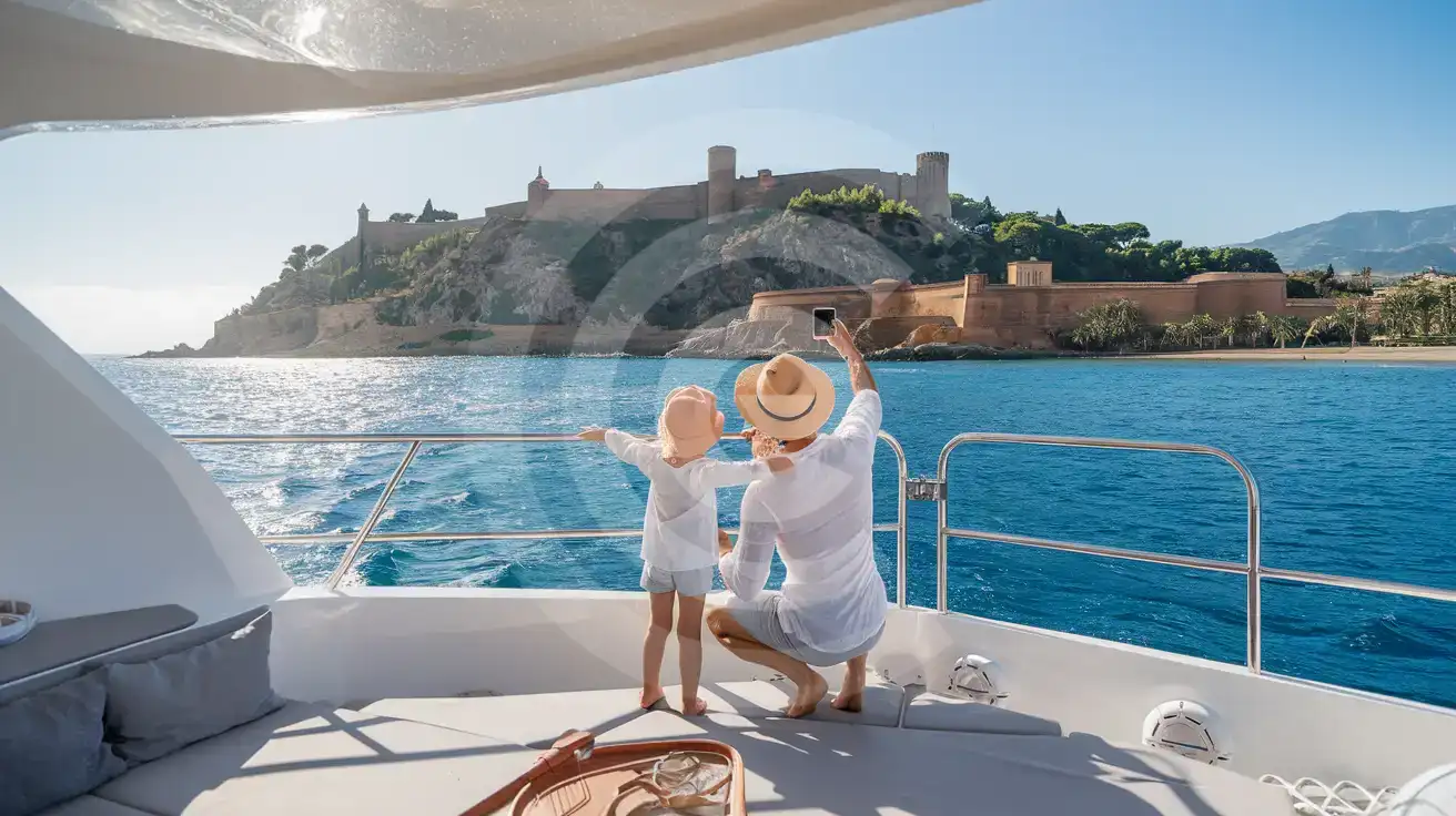 Family on catamaran deck pointing at Alcazaba fortress during Halcyon Days boat tour in Malaga