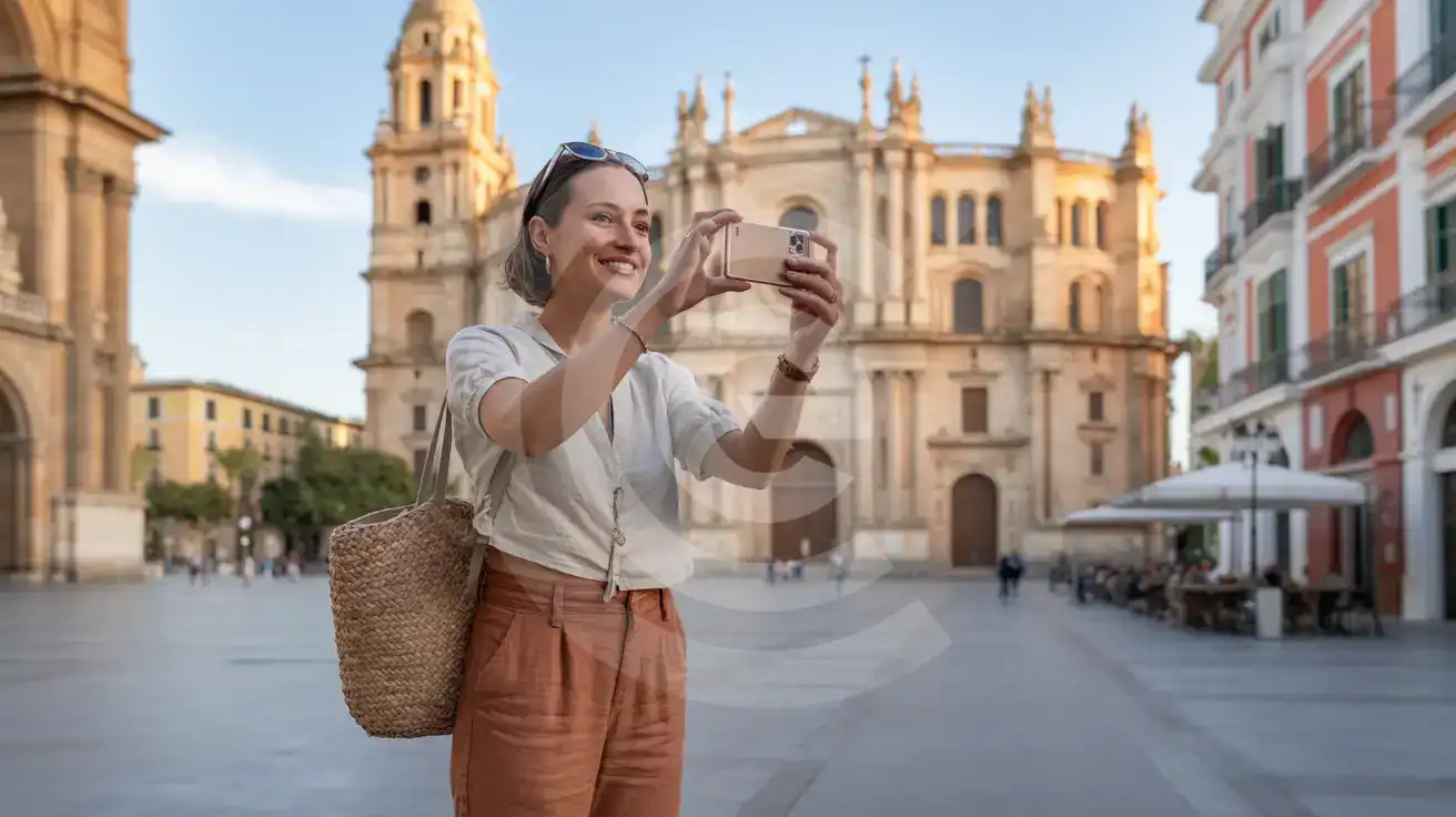 Solo female traveler photographing Malaga Cathedral's Renaissance facade and distinctive unfinished tower in Plaza del Obispo