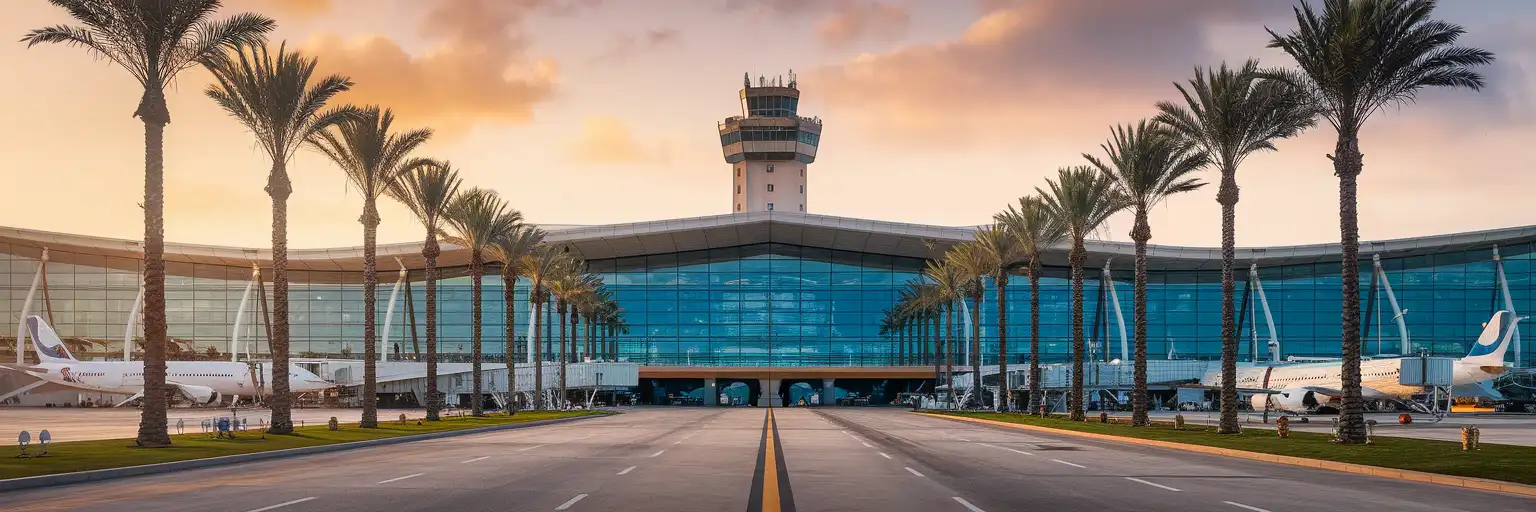 Palma de Mallorca Airport terminal facade at golden hour with control tower and Mediterranean sky