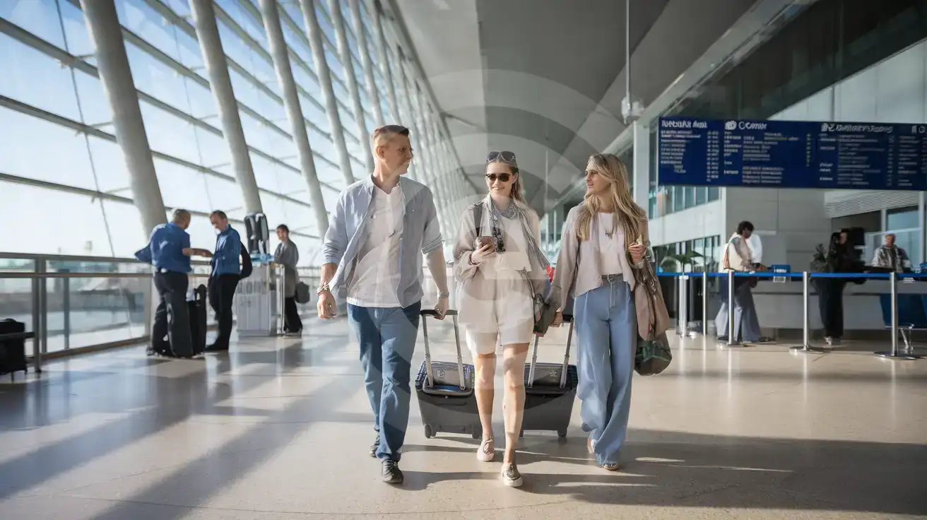 Friends walking through Palma de Mallorca Airport arrivals concourse with smartphone in hand