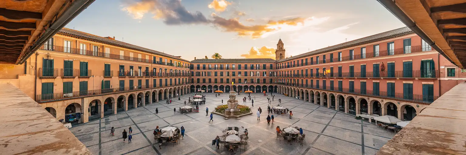 Vue extérieure de la Plaza Mayor à Palma de Majorque au coucher du soleil, avec des façades à arcades et la place centrale ouverte