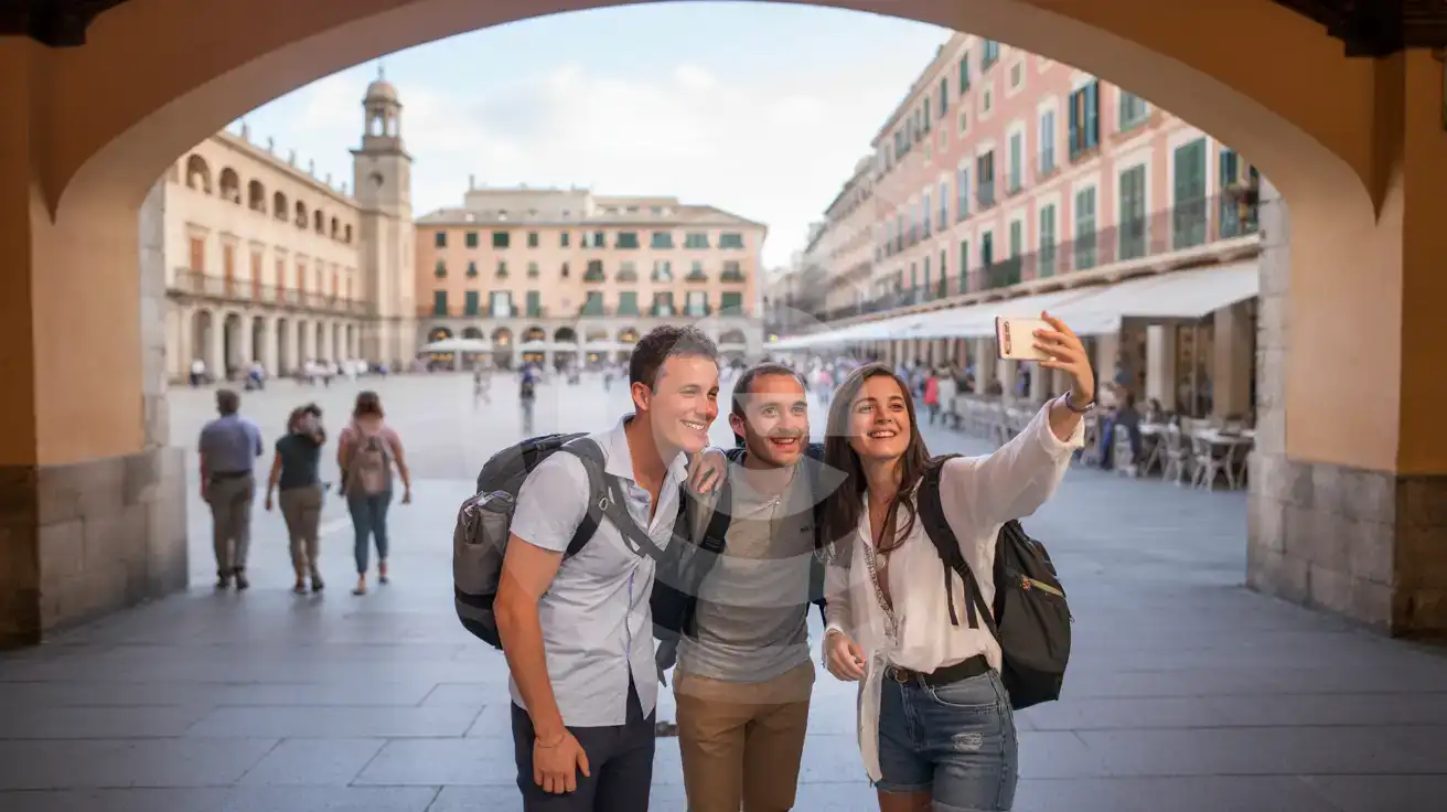 Friends under the arcades inside Plaza Mayor in Palma de Mallorca taking a selfie with the square behind them