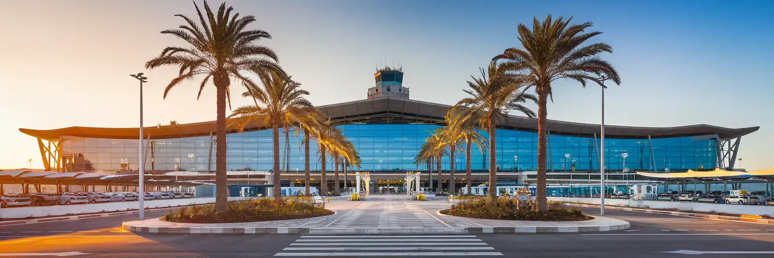 Exterior view of Palma de Mallorca Airport terminal building at golden hour with palm trees and taxi forecourt