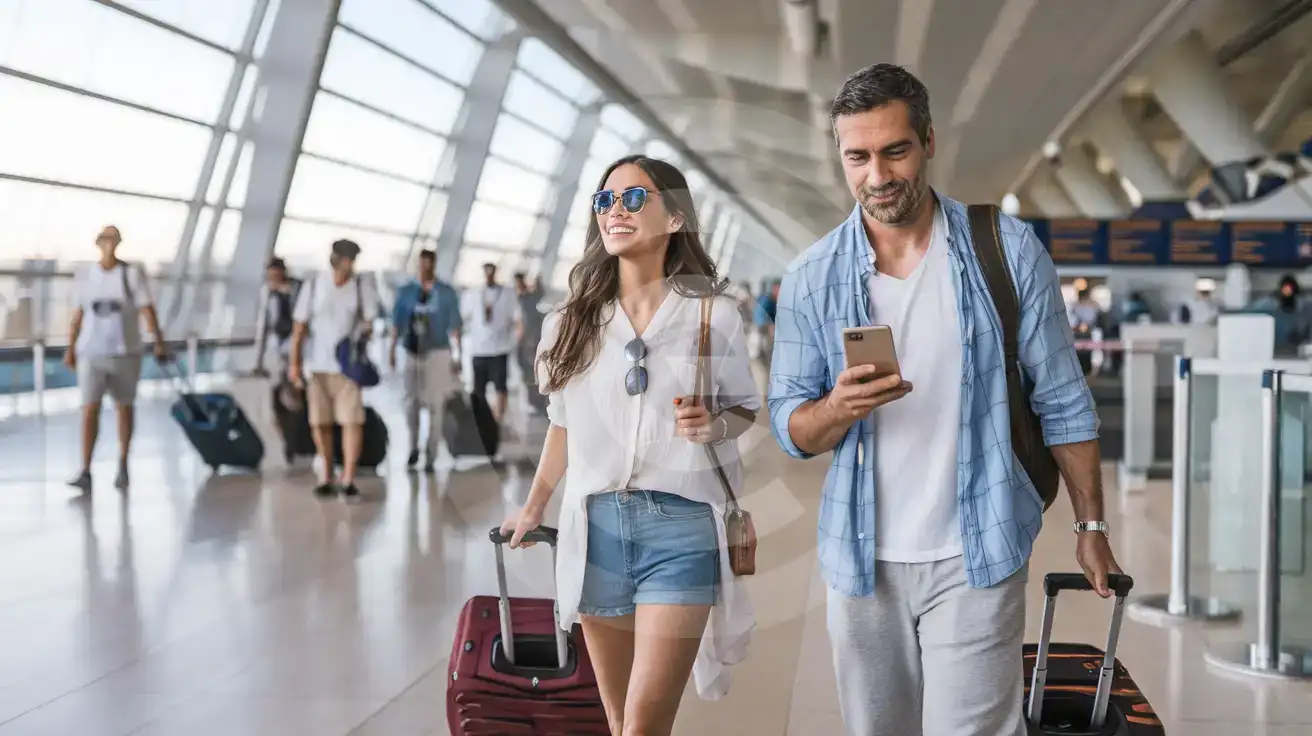 Mixed couple walking through the arrivals concourse at Palma de Mallorca Airport checking phone directions