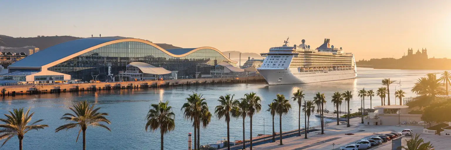 Port of Palma de Mallorca cruise terminal with ships docked along the Mediterranean waterfront and Palma Cathedral visible in the distance