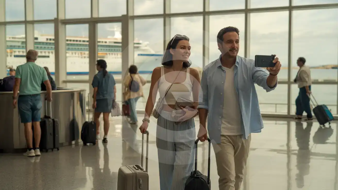 Mixed couple walking through Port of Palma de Mallorca cruise terminal with smartphone, cruise ship visible through windows
