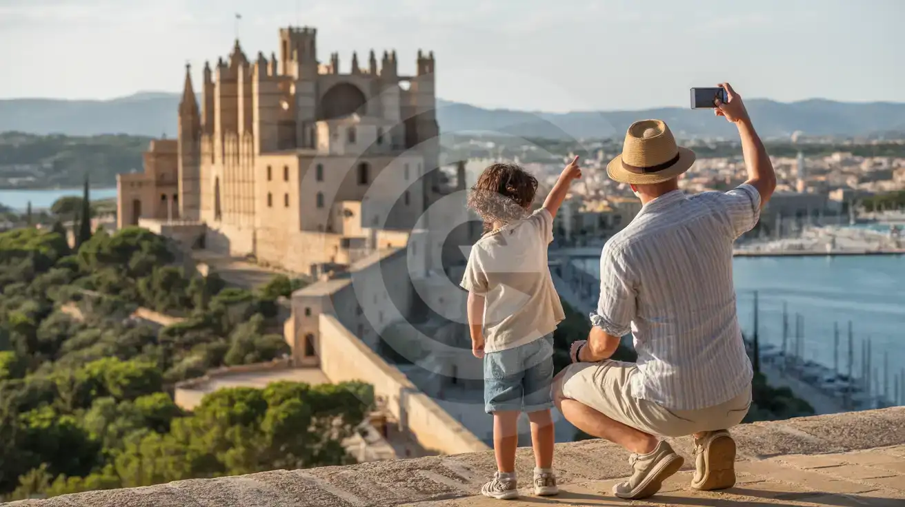 Family at Bellver Castle terrace overlooking Palma Bay with smartphone capturing the view