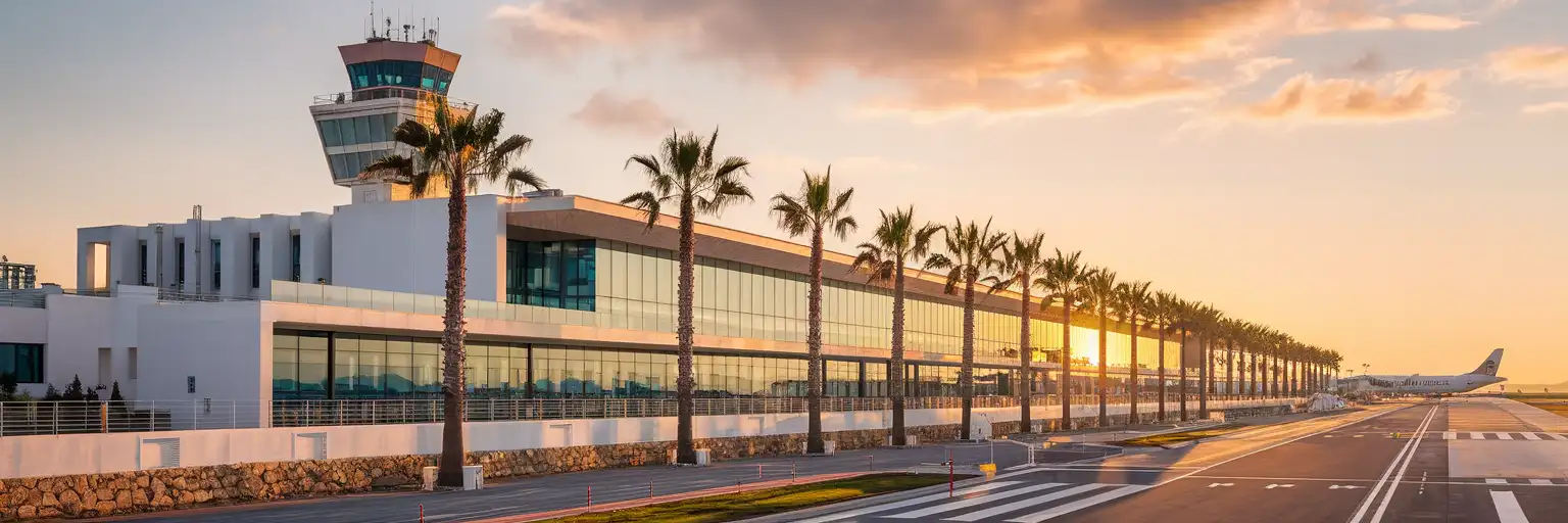 Ibiza Airport terminal exterior at golden hour with control tower and Mediterranean sky