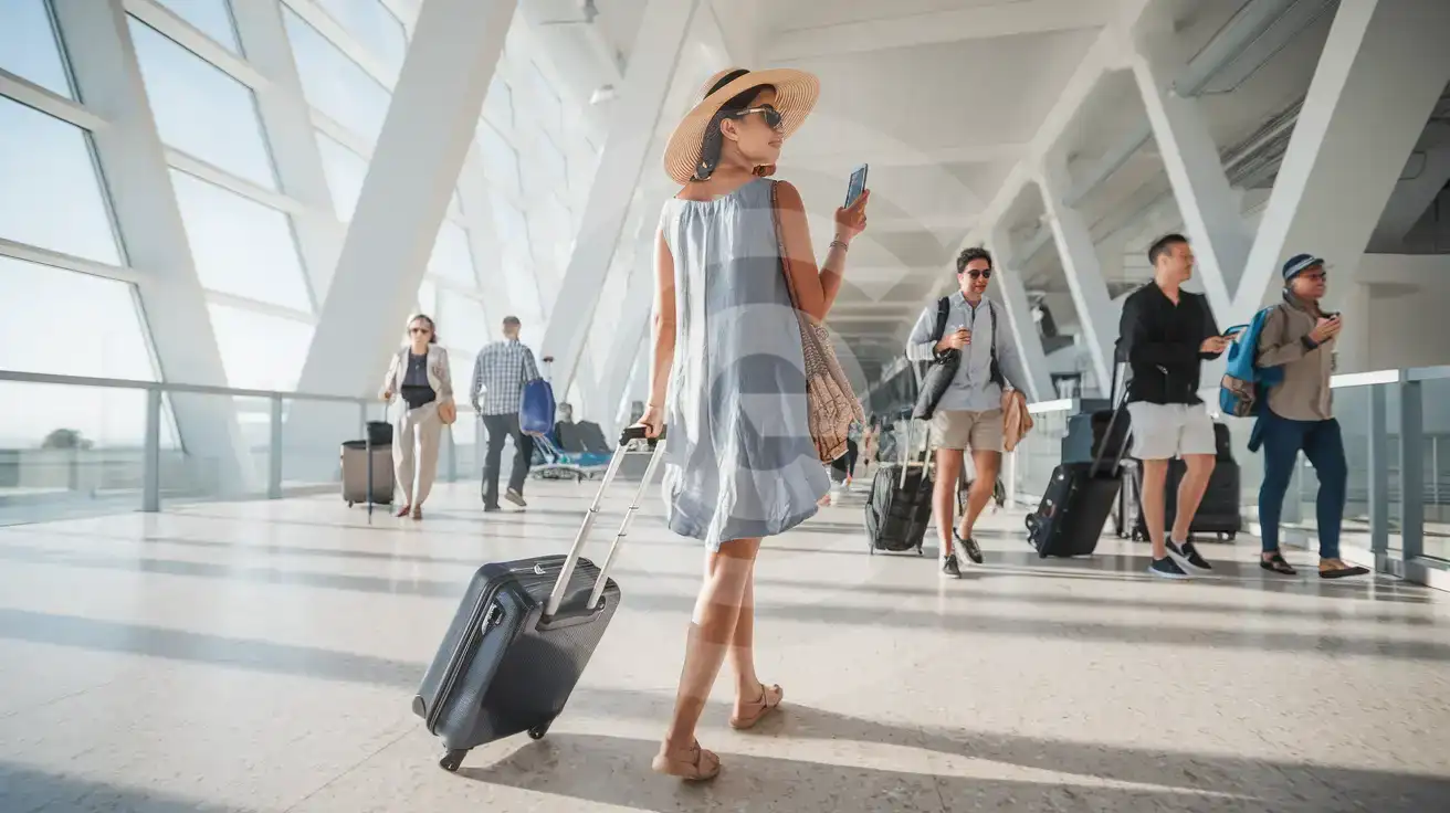 Solo female traveler walking through Ibiza Airport arrivals concourse with rolling suitcase and smartphone